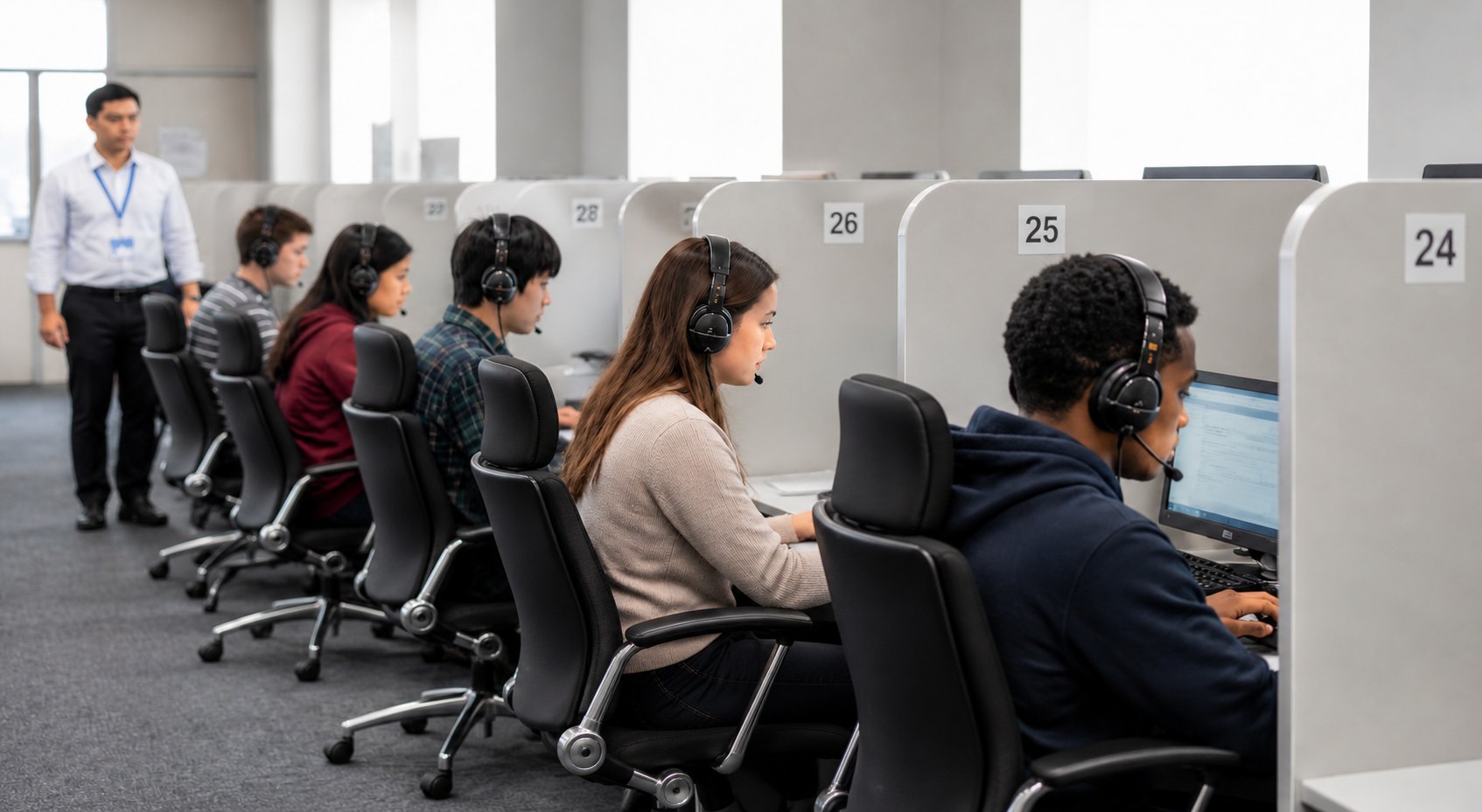 Candidates wearing headsets take a computer-based exam at numbered workstations while a supervisor looks on (illustrative image)