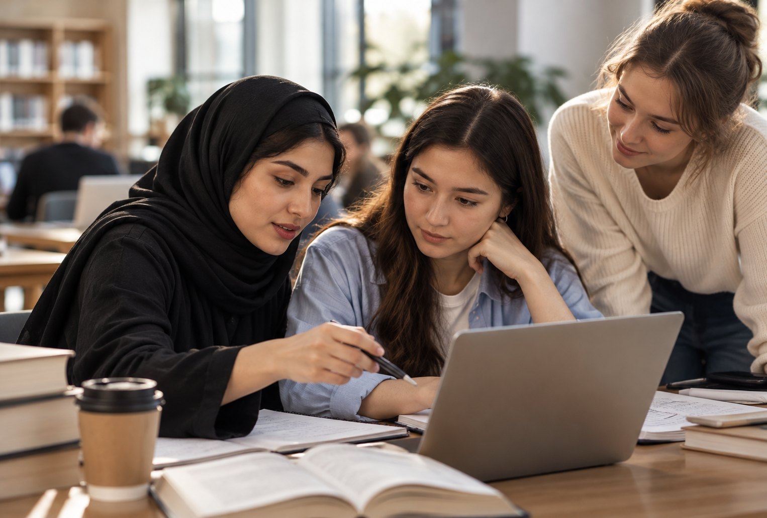 Three young women study together around a laptop at a wooden table with books and notes